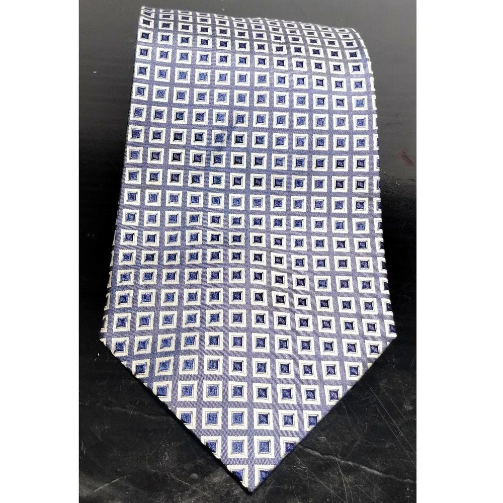 Roberto Villini Collezione Blue Silver Geometric Square Silk Hand Made Necktie